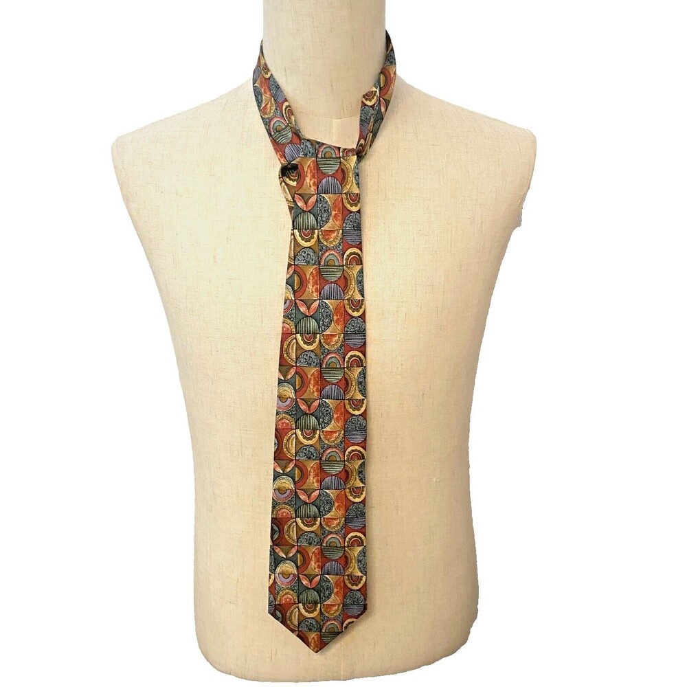 Vtg PAUL FREDERICK Neck Tie 100% Italian Silk USA Made Geometric Blue Red Gold